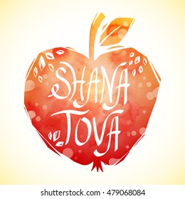 Rosh Hashanah greeting card with apple. Shana Tova or Jewish New year symbols. Vector illustration.