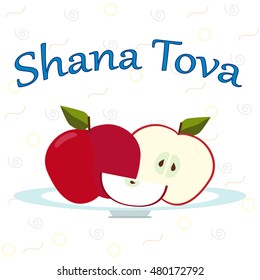 Rosh Hashanah greeting card with apples. Shana Tova or Jewish New year symbols vector illustration.