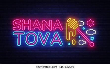Rosh hashanah greeting card, design templet, vector illustration. Neon Banner. Happy Jewish New Year. Greeting text Shana tova. Rosh hashana Jewish Holiday. Vector Design Element
