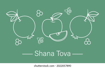 Rosh Hashanah (Jüdisches Neujahr) Grußkartendesign mit Apfel, Granaten und Bienen auf grünem Hintergrund. Lineare Kunst, Vektorgrafik