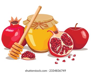 Rosh Hashanah greeting card design with hand drawing simbols of jewish new year apple, honey and pomegranate. Vector illustration