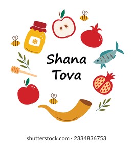 Rosh Hashanah greeting card design with hand drawing simbols of jewish new year apple, honey, shofar, fish and pomegranate. Vector illustration