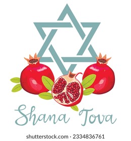 Rosh Hashanah greeting card design with hand drawing simbols of jewish new year pomegranate. Vector illustration