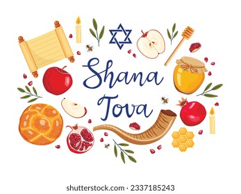 Rosh Hashanah greeting card design with hand drawing simbols of jewish new year apple, honey, shofar, Challah bread, Torah and pomegranate. Vector illustration