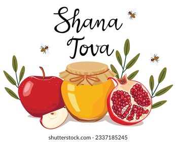 Rosh Hashanah greeting card design with hand drawing simbols of jewish new year apple, honey and pomegranate. Vector illustration