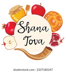 Rosh Hashanah greeting card design with hand drawing simbols of jewish new year apple, honey, shofar, Challah bread and pomegranate. Vector illustration