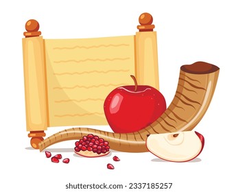 Diseño de tarjetas de felicitación Rosh Hashanah con símbolos de dibujo a mano de manzana y shofar judío de año nuevo. Ilustración del vector