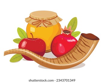 Rosh Hashanah greeting card design with hand drawing simbols of jewish new year apple, honey, shofar and pomegranate. Vector illustration