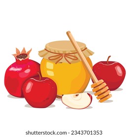 Rosh Hashanah greeting card design with hand drawing simbols of jewish new year apple, honey and pomegranate. Vector illustration