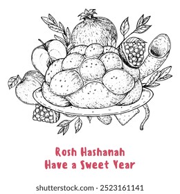 Design-Vorlage für Rosh Hashanah Grußkarte. Handgezeichnete Vektorgrafik. Jüdische Symbole des neuen Jahres. Challah Brot, Apfel, Granatapfel, Shofar Skizze.