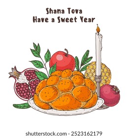 Design-Vorlage für Rosh Hashanah Grußkarte. Handgezeichnete Vektorgrafik. Jüdische Symbole des neuen Jahres. Challah Brot, Apfel, Granatapfel, Honig