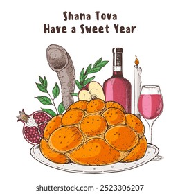 Design-Vorlage für Rosh Hashanah Grußkarte. Handgezeichnete Vektorgrafik. Jüdische Symbole des neuen Jahres. Challah Brot, Apfel, Granatapfel, Shofar, Wein.