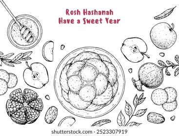 Design-Vorlage für Rosh Hashanah Grußkarte. Handgezeichnete Vektorgrafik. Jüdische Symbole des neuen Jahres. Challah Brot, Apfel, Granatapfel, Honig Draufsicht.