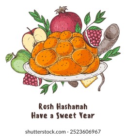 Design-Vorlage für Rosh Hashanah Grußkarte. Handgezeichnete Vektorgrafik. Jüdische Symbole des neuen Jahres. Challah Brot, Apfel, Granatapfel, Shofar.