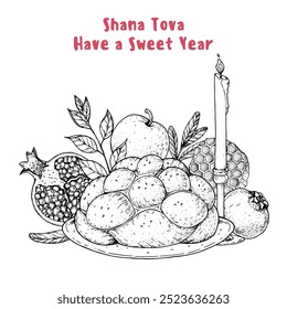 Design-Vorlage für Rosh Hashanah Grußkarte. Handgezeichnete Vektorgrafik. Jüdische Symbole des neuen Jahres. Challah Brot, Apfel, Granatapfel, Honig