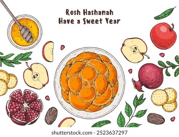 Design-Vorlage für Rosh Hashanah Grußkarte. Handgezeichnete Vektorgrafik. Jüdische Symbole des neuen Jahres. Challah Brot, Apfel, Granatapfel, Honig Draufsicht.