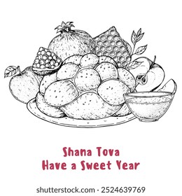 Design-Vorlage für Rosh Hashanah Grußkarte. Handgezeichnete Vektorgrafik. Jüdische Symbole des neuen Jahres. Challah Brot, Apfel, Granatapfel, Shofar.