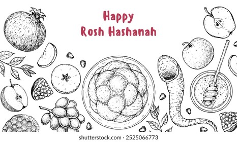 Design-Vorlage für Rosh Hashanah Grußkarte. Handgezeichnete Vektorgrafik. Jüdische Symbole des neuen Jahres. Challah Brot, Shofar, Apfel, Granatapfel, Honig Draufsicht.