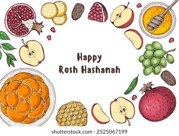 Design-Vorlage für Rosh Hashanah Grußkarte. Handgezeichnete Vektorgrafik. Jüdische Symbole des neuen Jahres. Challah Brot, Apfel, Granatapfel, Honig Draufsicht.