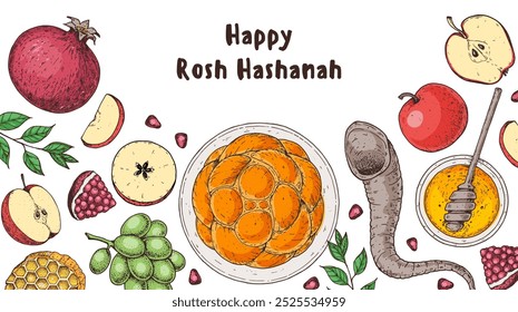 Design-Vorlage für Rosh Hashanah Grußkarte. Handgezeichnete Vektorgrafik. Jüdische Symbole des neuen Jahres. Challah Brot, Shofar, Apfel, Granatapfel, Honig Draufsicht.