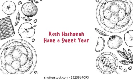 Design-Vorlage für Rosh Hashanah Grußkarte. Handgezeichnete Vektorgrafik. Jüdische Symbole des neuen Jahres. Challah Brot, Apfel, Granatapfel, Honig Draufsicht.