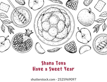 Design-Vorlage für Rosh Hashanah Grußkarte. Handgezeichnete Vektorgrafik. Jüdische Symbole des neuen Jahres. Challah Brot, Apfel, Granatapfel, Honig Draufsicht.