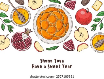 Design-Vorlage für Rosh Hashanah Grußkarte. Handgezeichnete Vektorgrafik. Jüdische Symbole des neuen Jahres. Challah Brot, Apfel, Granatapfel, Honig Draufsicht.