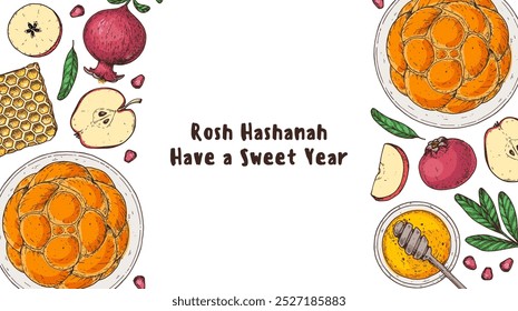 Design-Vorlage für Rosh Hashanah Grußkarte. Handgezeichnete Vektorgrafik. Jüdische Symbole des neuen Jahres. Challah Brot, Apfel, Granatapfel, Honig Draufsicht.