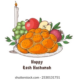 Design-Vorlage für Rosh Hashanah Grußkarte. Handgezeichnete Vektorgrafik. Jüdische Symbole des neuen Jahres. Challah Brot, Apfel, Granatapfel, Traube.