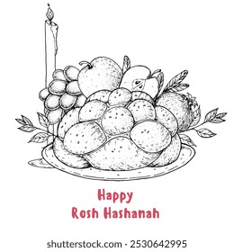 Rosh Hashanah greeting card design template. Hand drawn vector illustration. Jewish new year symbols. Challah bread, apple, pomegranate , grape.