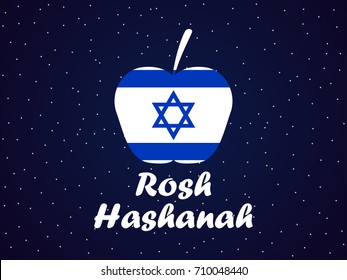 Rosh Hashanah. Greeting card design Jewish New Year. Shana Tova. Israel Flag and apple. Vector illustration