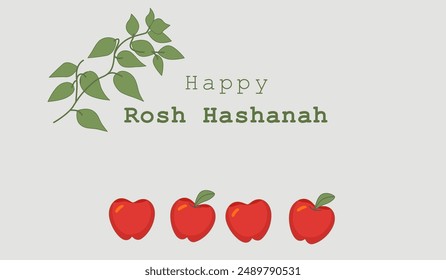 Rosh Hashanah Grußkarte mit einem einfachen und eleganten Design mit grünen Blätterästen und roten Äpfeln. Ideal, um das jüdische Neue Jahr mit einem Hauch von Natur und Tradition zu feiern