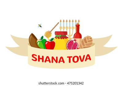 Rosh Hashanah greeting card in flat style. Shana Tova or Jewish New year symbols. Vector illustration.