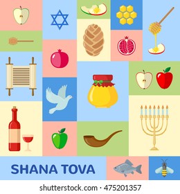 Rosh Hashanah greeting card in flat style. Shana Tova or Jewish New year symbols. Vector illustration.