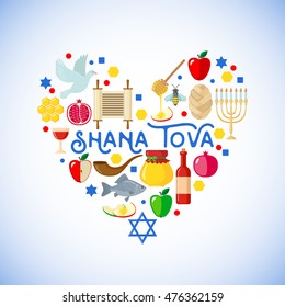 Rosh Hashanah greeting card in flat style. Shana Tova or Jewish New year symbols. Vector illustration.