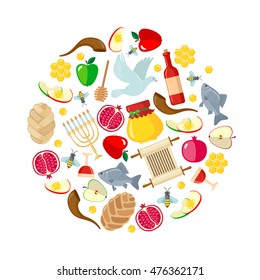 Rosh Hashanah greeting card in flat style. Shana Tova or Jewish New year symbols in circle shape. Vector illustration.