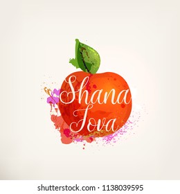 Rosh Hashanah greeting card. Holiday card of the Jewish New Year in Israel. Happy Rosh Hashanah. Watercolor card with text Shana Tova, apple ink painting, colorful blobs and stain. Vector illustration