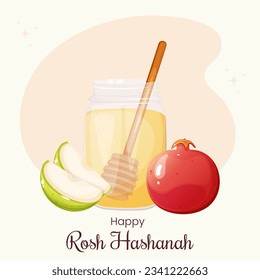 Rosh Hashanah greeting card with honey, pomegranate and apple.