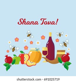 Rosh Hashanah greeting card. Honey, wine, shofar, apples, pomegranate, bees, flowers. Hebrew new year holiday. Vector illustration.