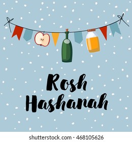 Rosh Hashanah greeting card, invitation, banner. Decorative string with honey, wine bottle, apple, party flags. Vector illustration, flat design. 