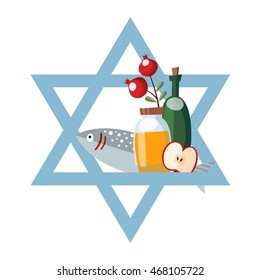 Rosh Hashanah greeting card, invitation with Jewish star, honey, fish, wine and apple. Vector illustration, flat design. 