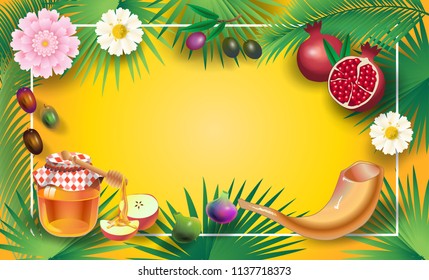 Rosh Hashanah greeting card - Jewish New Year. Text "Shana Tova!" on Hebrew - Have a sweet year. Honey  apple, shofar, pomegranate, palm leafs frame banner. Rosh hashana, sukkot Jewish Holiday Israel