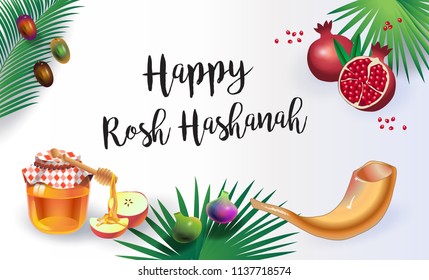 Rosh Hashanah greeting card - Jewish New Year. Text "Shana Tova!" on Hebrew - Have a sweet year. Honey and apple, shofar, pomegranate, vintage Torah scroll banner. Rosh hashana, sukkot Jewish Holiday