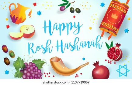 Rosh Hashanah greeting card - Jewish New Year. Text "Shana Tova!" on Hebrew - Have a sweet year. Honey and apple, shofar, pomegranate, vintage Torah scroll banner. Rosh hashana, sukkot Jewish Holiday