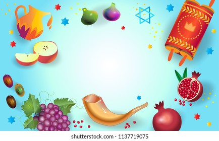 Rosh Hashanah greeting card - Jewish New Year. Text "Shana Tova!" on Hebrew - Have a sweet year. Honey and apple, shofar, pomegranate, vintage Torah scroll banner. Rosh hashana, sukkot Jewish Holiday