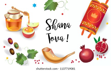 Rosh Hashanah greeting card - Jewish New Year. Text "Shana Tova!" on Hebrew - Have a sweet year. Honey and apple, shofar, pomegranate, vintage Torah scroll banner. Rosh hashana, sukkot Jewish Holiday