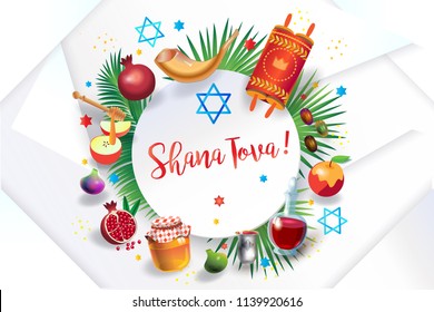 Rosh Hashanah greeting card - Jewish New Year. Text "Shana Tova!" on Hebrew - Have a sweet year. Honey and apple, shofar, pomegranate, vintage Torah scroll banner. Rosh hashana, sukkot Jewish Holiday