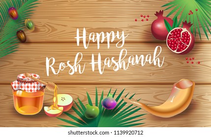 Rosh Hashanah greeting card - Jewish New Year. Text "Shana Tova!" on Hebrew - Have a sweet year. Honey and apple, shofar, pomegranate, vintage Torah scroll banner. Rosh hashana, sukkot Jewish Holiday