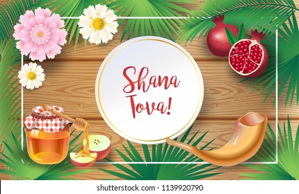 Rosh Hashanah greeting card - Jewish New Year. Text "Shana Tova!" on Hebrew - Have a sweet year. Honey and apple, shofar, pomegranate, vintage Torah scroll banner. Rosh hashana, sukkot Jewish Holiday