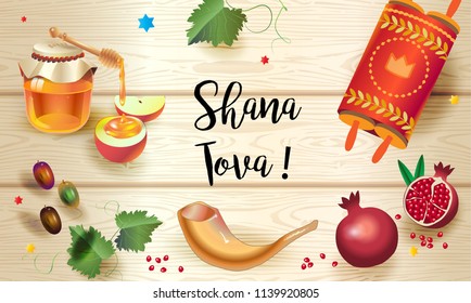 Rosh Hashanah greeting card - Jewish New Year. Text "Shana Tova!" on Hebrew - Have a sweet year. Honey and apple, shofar, pomegranate, vintage Torah scroll banner. Rosh hashana, sukkot Jewish Holiday